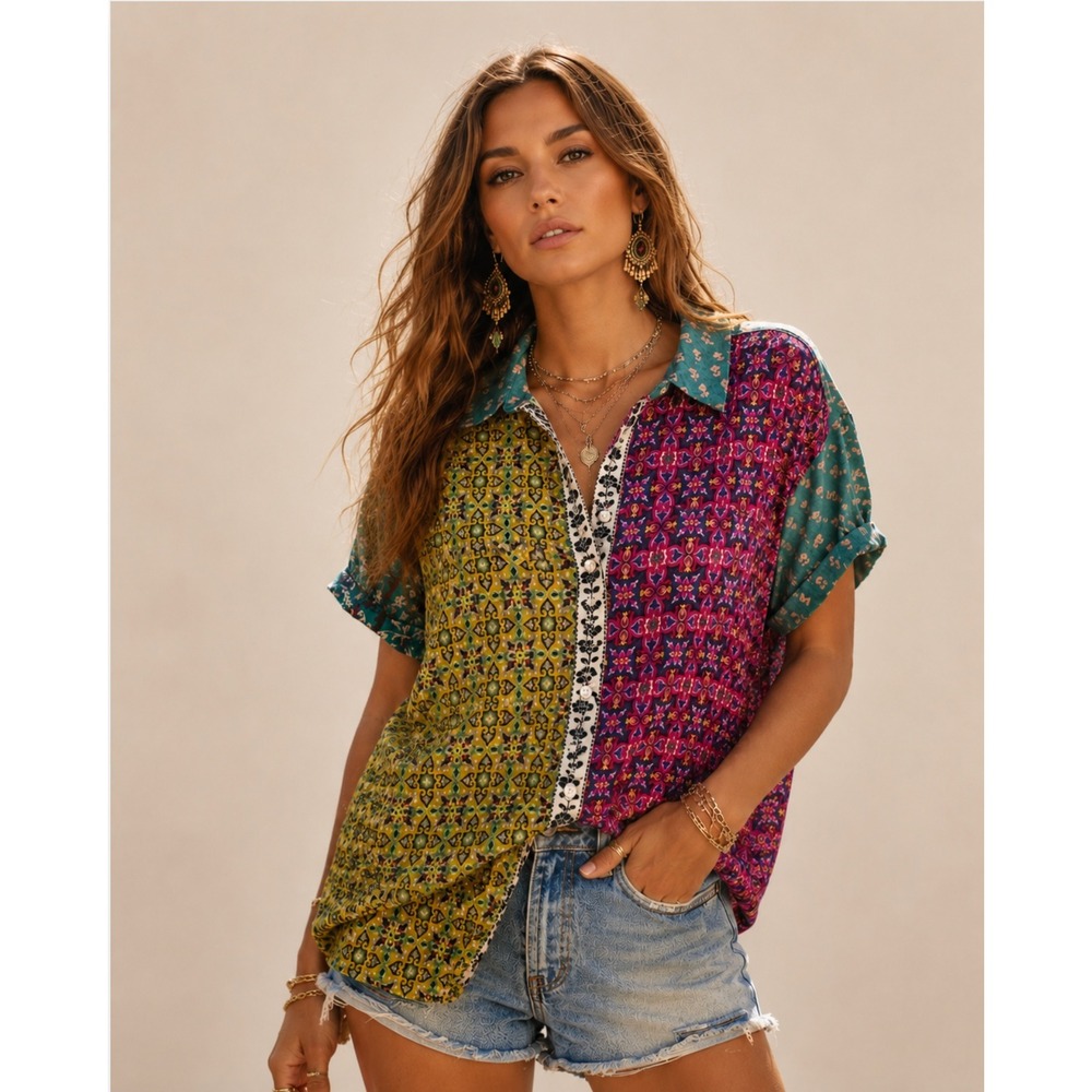 Sundance Patchwork Button Down Shirt Sz S Cotton Short Sleeve Top Boho Chic
